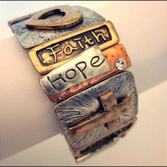 Gold Faith Hope Love Cross Engraved Bangle - Picture 2 of 3